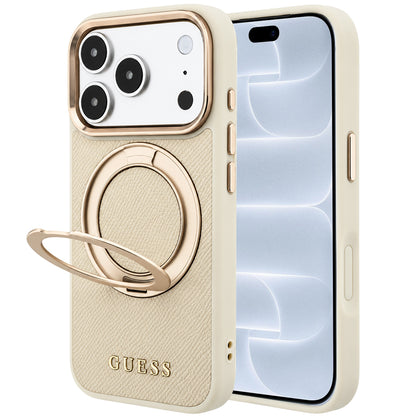 Custodia MagSafe per Apple iPhone 18 Pro / 17 Pro, Guess, Grained Ring Stand 360 Classic, Beige