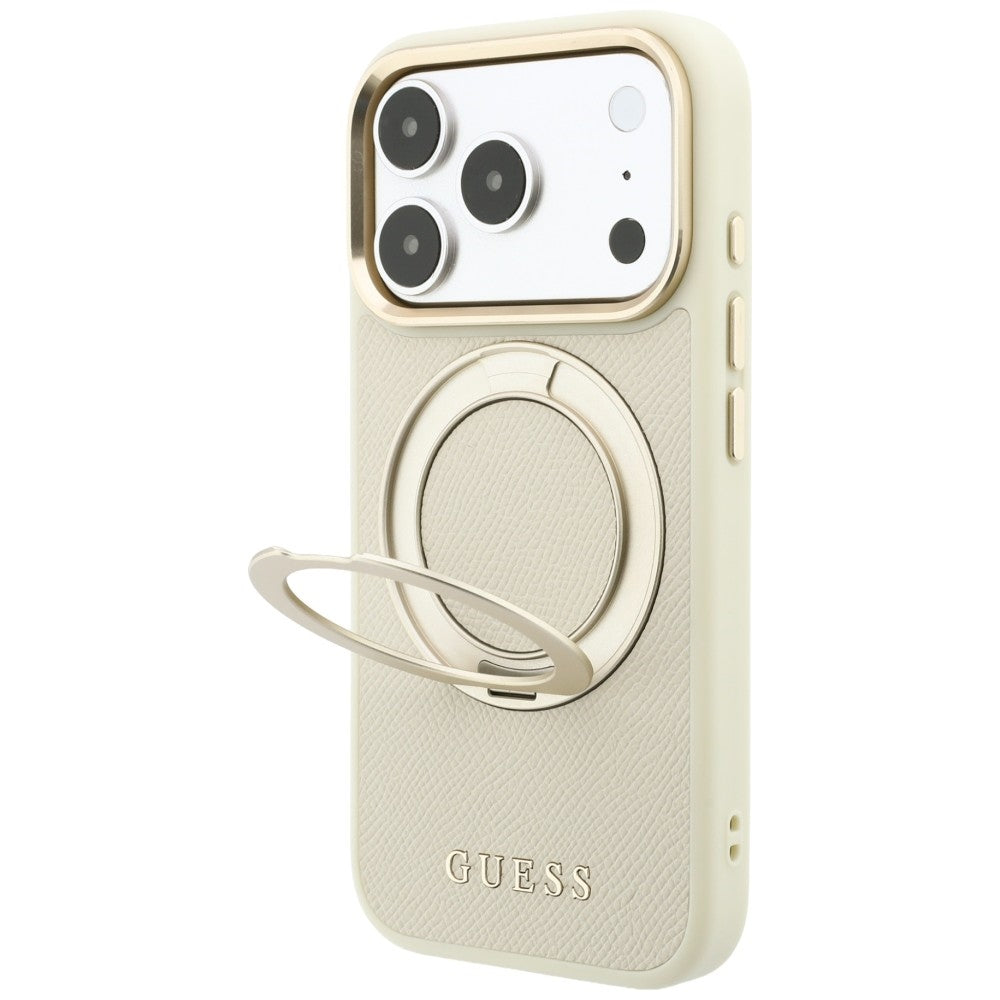 Custodia MagSafe per Apple iPhone 18 Pro / 17 Pro, Guess, Grained Ring Stand 360 Classic, Beige