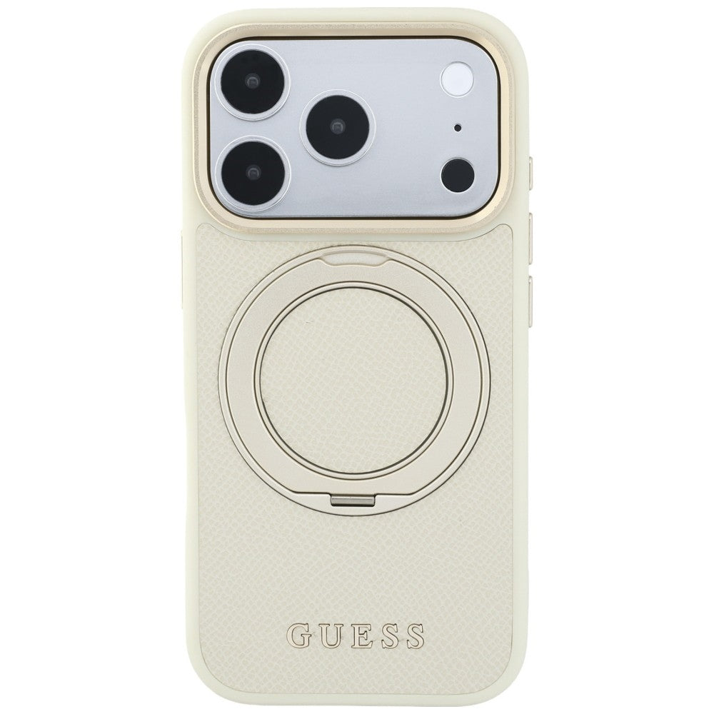 Custodia MagSafe per Apple iPhone 18 Pro / 17 Pro, Guess, Grained Ring Stand 360 Classic, Beige