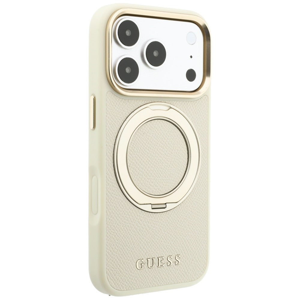Custodia MagSafe per Apple iPhone 18 Pro / 17 Pro, Guess, Grained Ring Stand 360 Classic, Beige