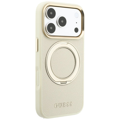 Custodia MagSafe per Apple iPhone 18 Pro / 17 Pro, Guess, Grained Ring Stand 360 Classic, Beige