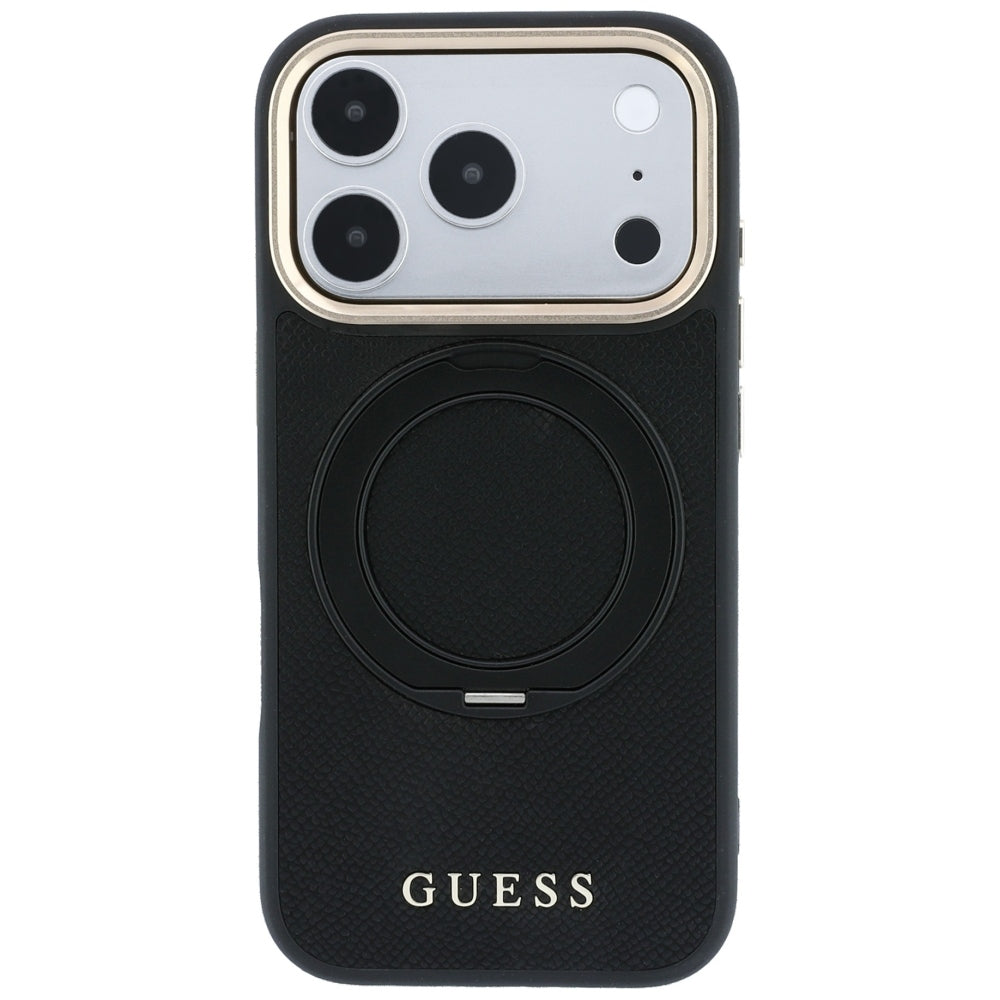 Custodia MagSafe per Apple iPhone 18 Pro / 17 Pro, Guess, Grained Ring Stand 360 Classic, nera