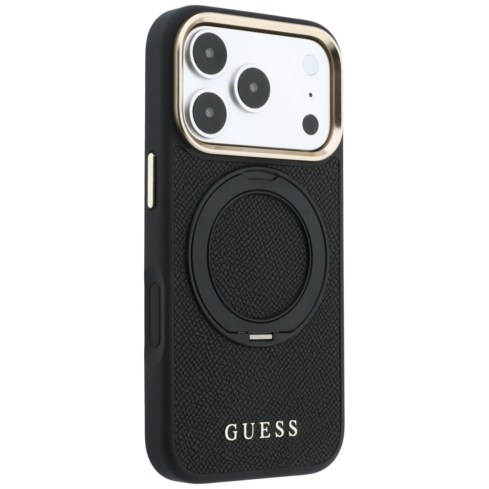 Custodia MagSafe per Apple iPhone 18 Pro / 17 Pro, Guess, Grained Ring Stand 360 Classic, nera