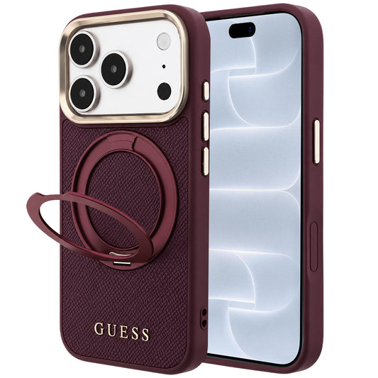 Custodia MagSafe per Apple iPhone 18 Pro / 17 Pro, Guess, Grained Ring Stand 360 Classic, color bordeaux