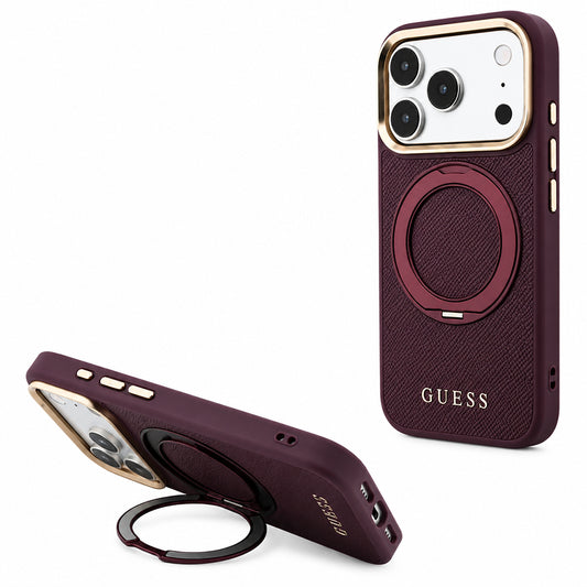 Custodia MagSafe per Apple iPhone 18 Pro / 17 Pro, Guess, Grained Ring Stand 360 Classic, color bordeaux