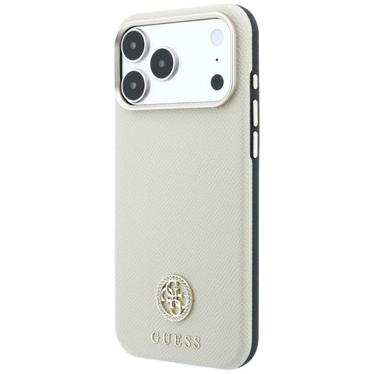 Custodia MagSafe per Apple iPhone 18 Pro / 17 Pro, Guess, Logo Strass Rotondo Grana, Beige