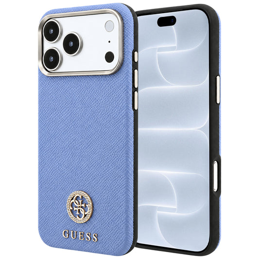 Custodia MagSafe per Apple iPhone 18 Pro / 17 Pro, Guess, Logo Rotondo con Strass Granulato, Blu