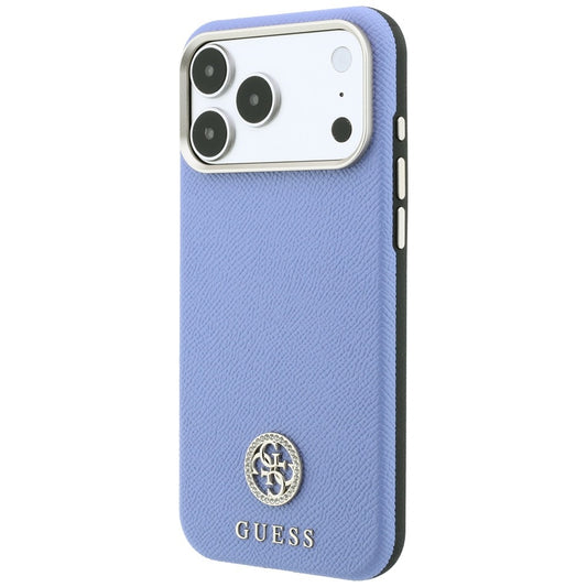 Custodia MagSafe per Apple iPhone 18 Pro / 17 Pro, Guess, Logo Rotondo con Strass Granulato, Blu