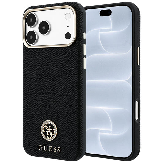 Custodia MagSafe per Apple iPhone 18 Pro / 17 Pro, Guess, Logo Strass Rotondo Grana, Nera