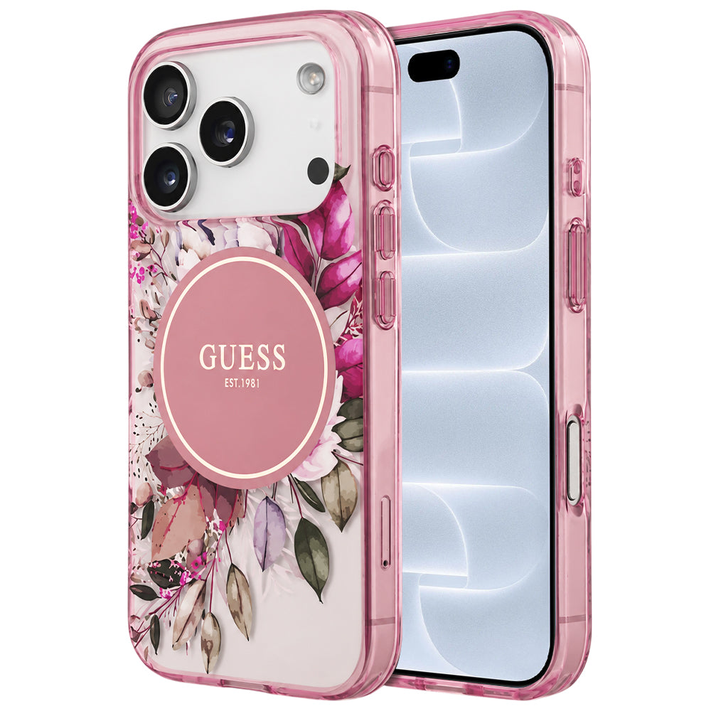 Custodia MagSafe per Apple iPhone 18 Pro / 17 Pro, Guess, IML Flower & Tonal Circle, rosa