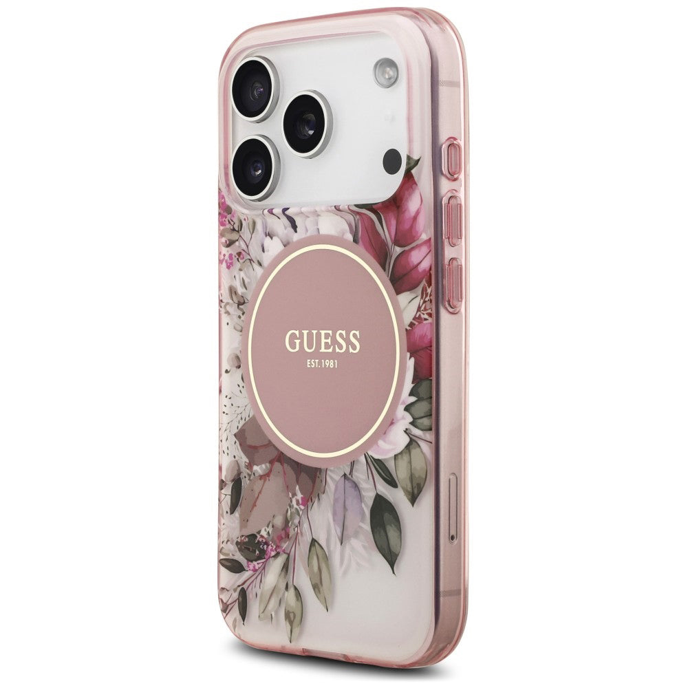 Custodia MagSafe per Apple iPhone 18 Pro / 17 Pro, Guess, IML Flower & Tonal Circle, rosa