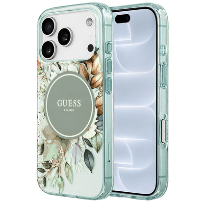 Custodia MagSafe per Apple iPhone 18 Pro / 17 Pro, Guess, IML Flower & Tonal Circle, Verde