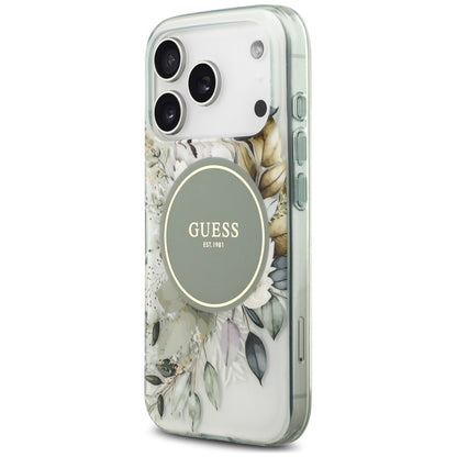 Custodia MagSafe per Apple iPhone 18 Pro / 17 Pro, Guess, IML Flower & Tonal Circle, Verde