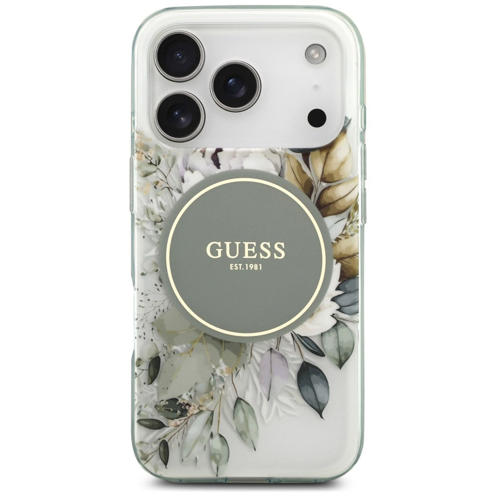 Custodia MagSafe per Apple iPhone 18 Pro / 17 Pro, Guess, IML Flower & Tonal Circle, Verde