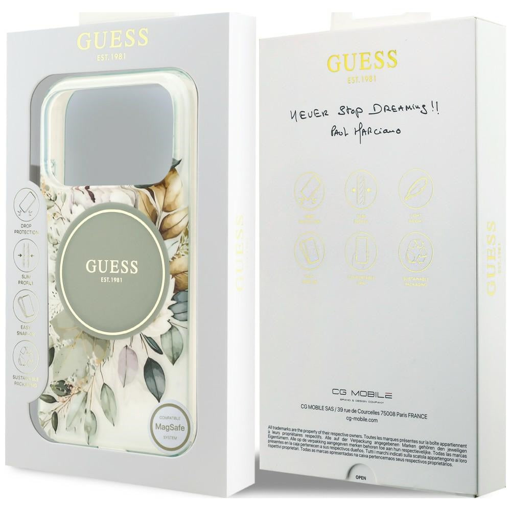 Custodia MagSafe per Apple iPhone 18 Pro / 17 Pro, Guess, IML Flower & Tonal Circle, Verde