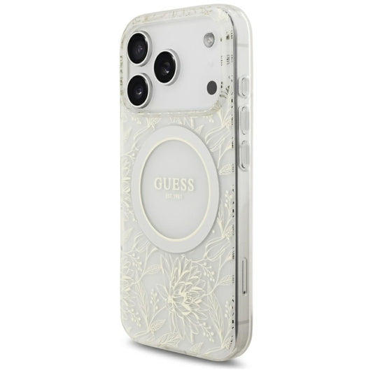Custodia MagSafe per Apple iPhone 18 Pro / 17 Pro, Guess, IML Flowers Placcata con Cinturino in Perla, Bianca