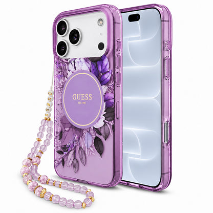 Custodia MagSafe per Apple iPhone 18 Pro / 17 Pro, Guess, IML Flowers with Pearl Strap, Viola