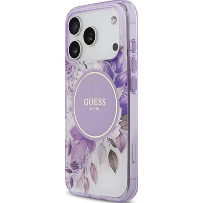 Custodia MagSafe per Apple iPhone 18 Pro / 17 Pro, Guess, IML Flowers with Pearl Strap, Viola