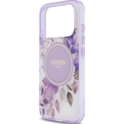 Custodia MagSafe per Apple iPhone 18 Pro / 17 Pro, Guess, IML Flowers with Pearl Strap, Viola