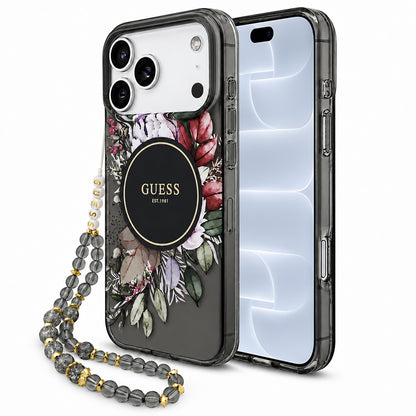 Custodia MagSafe per Apple iPhone 18 Pro / 17 Pro, Guess, IML Flowers with Pearl Strap, nera