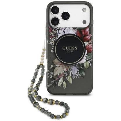Custodia MagSafe per Apple iPhone 18 Pro / 17 Pro, Guess, IML Flowers with Pearl Strap, nera