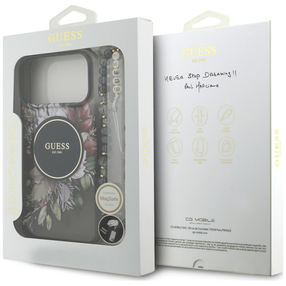 Custodia MagSafe per Apple iPhone 18 Pro / 17 Pro, Guess, IML Flowers with Pearl Strap, nera
