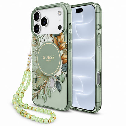 Custodia MagSafe per Apple iPhone 18 Pro / 17 Pro, Guess, IML Flowers with Pearl Strap, Verde