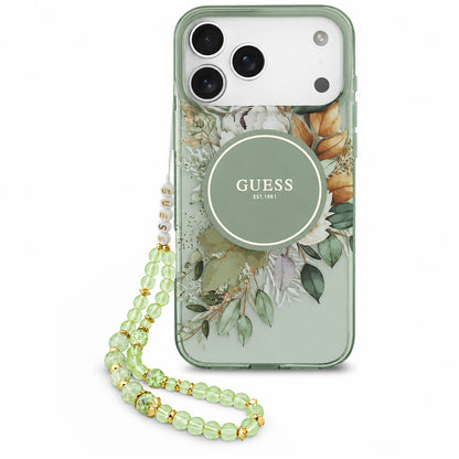 Custodia MagSafe per Apple iPhone 18 Pro / 17 Pro, Guess, IML Flowers with Pearl Strap, Verde