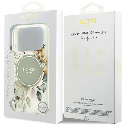 Custodia MagSafe per Apple iPhone 18 Pro / 17 Pro, Guess, IML Flowers with Pearl Strap, Verde