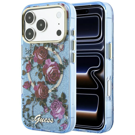 Custodia MagSafe per Apple iPhone 18 Pro / 17 Pro, Guess, IML Glitter Blossom Roses, Blu