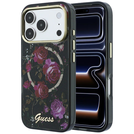 Custodia MagSafe per Apple iPhone 18 Pro / 17 Pro, Guess, IML Glitter Blossom Roses, Nera