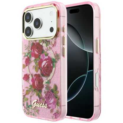 Custodia MagSafe per Apple iPhone 18 Pro / 17 Pro, Guess, IML Glitter Blossom Roses, Rosa