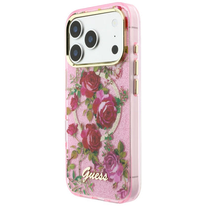 Custodia MagSafe per Apple iPhone 18 Pro / 17 Pro, Guess, IML Glitter Blossom Roses, Rosa