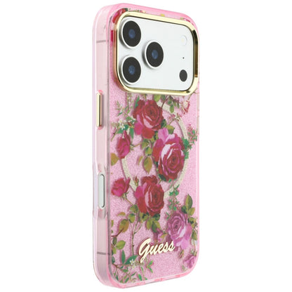 Custodia MagSafe per Apple iPhone 18 Pro / 17 Pro, Guess, IML Glitter Blossom Roses, Rosa