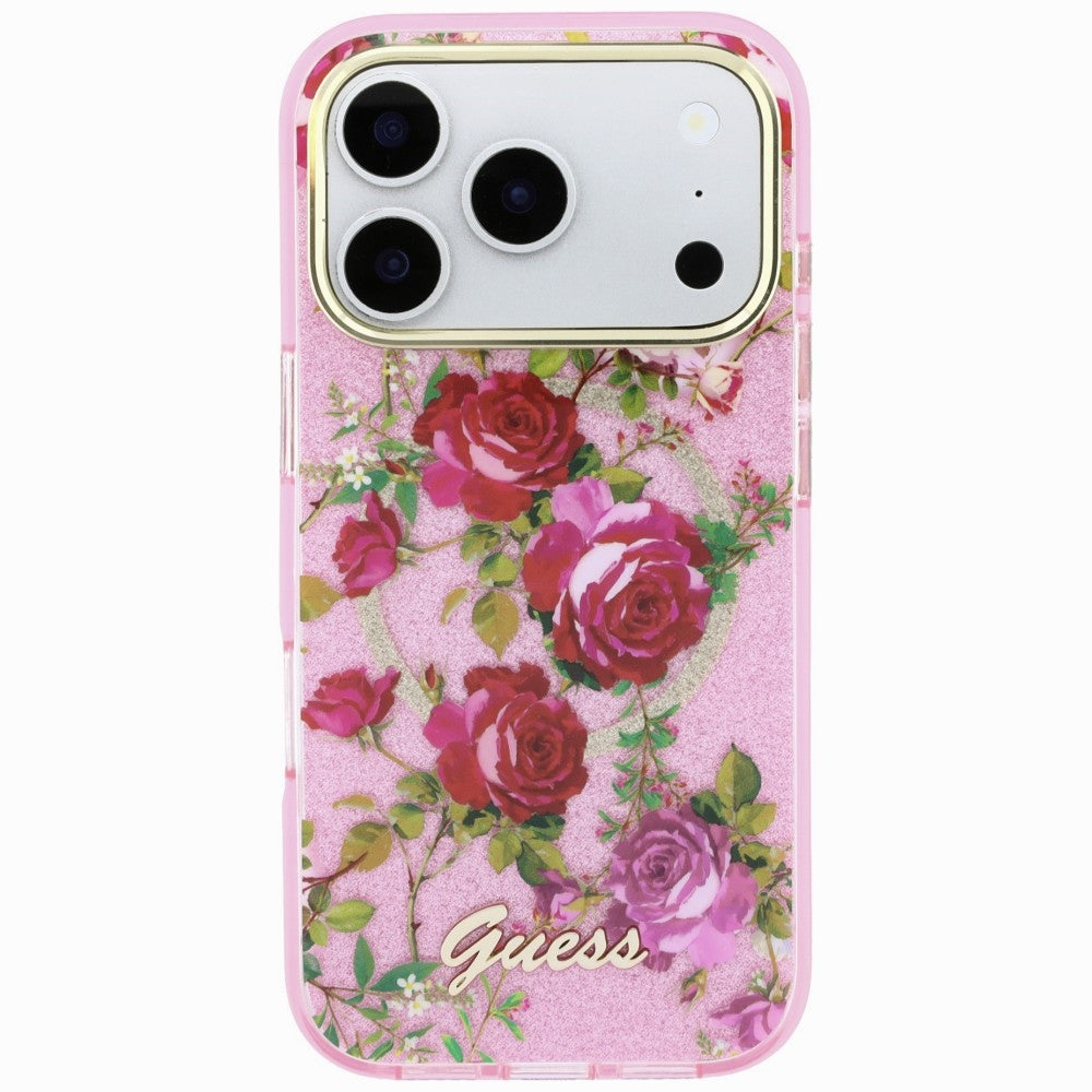 Custodia MagSafe per Apple iPhone 18 Pro / 17 Pro, Guess, IML Glitter Blossom Roses, Rosa