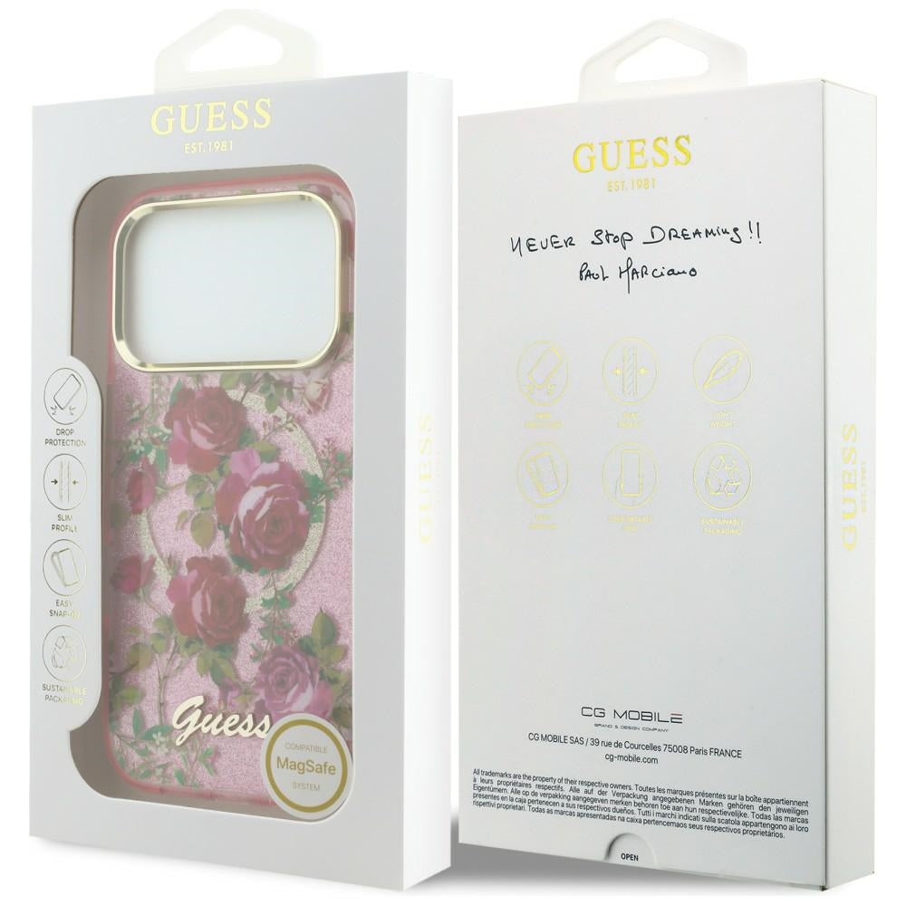 Custodia MagSafe per Apple iPhone 18 Pro / 17 Pro, Guess, IML Glitter Blossom Roses, Rosa