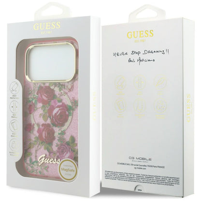 Custodia MagSafe per Apple iPhone 18 Pro / 17 Pro, Guess, IML Glitter Blossom Roses, Rosa