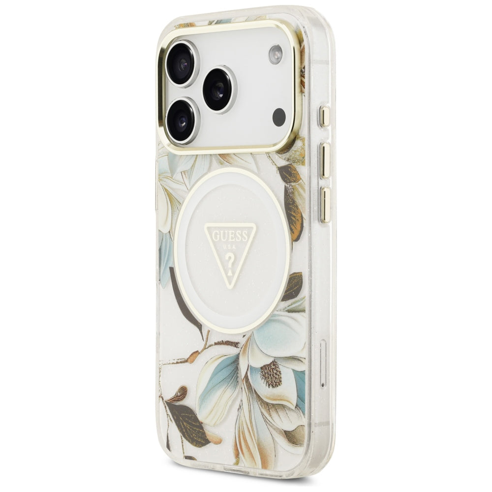 MagSafe Case for Apple iPhone 18 Pro / 17 Pro, Guess, IML Metal Glitter Flowers Triangle, White
