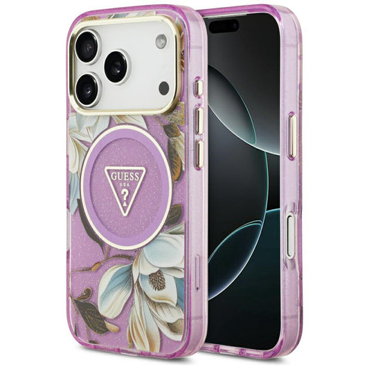 Custodia MagSafe per Apple iPhone 18 Pro / 17 Pro, Guess, IML Metal Glitter Flowers Triangle, Viola