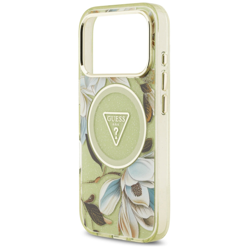 MagSafe Case for Apple iPhone 18 Pro / 17 Pro, Guess, IML Metal Glitter Flowers Triangle, Green