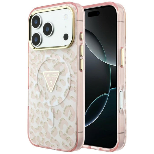 Custodia MagSafe per Apple iPhone 18 Pro / 17 Pro, Guess, Logo Triangolo Glitter Leopardo, Rosa