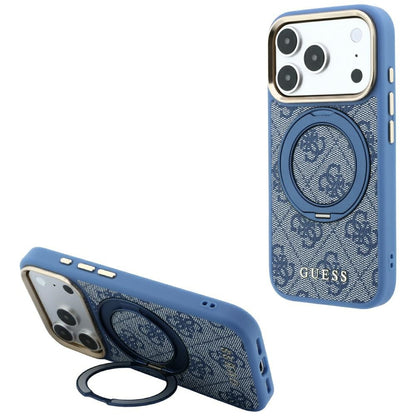 Custodia MagSafe per Apple iPhone 18 Pro / 17 Pro, Guess, Ring Stand 360 4G Classic Logo, Blu