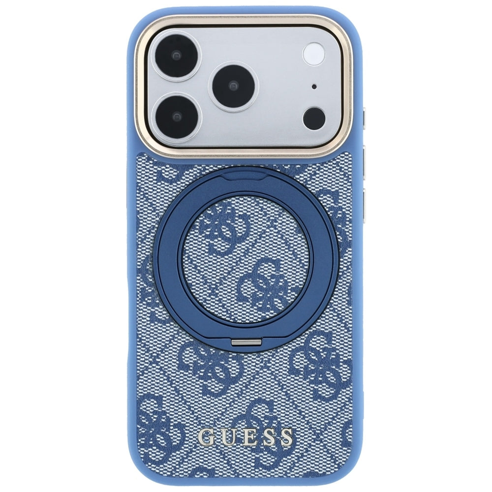Custodia MagSafe per Apple iPhone 18 Pro / 17 Pro, Guess, Ring Stand 360 4G Classic Logo, Blu