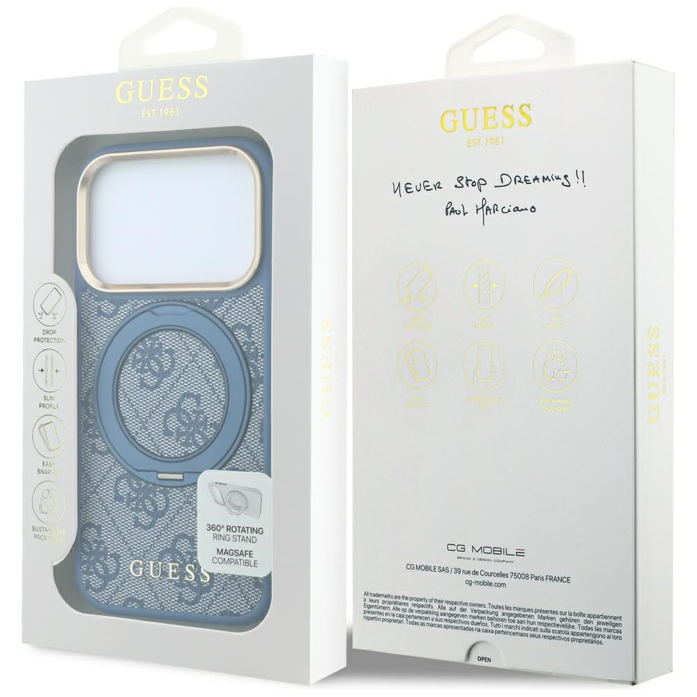 Custodia MagSafe per Apple iPhone 18 Pro / 17 Pro, Guess, Ring Stand 360 4G Classic Logo, Blu