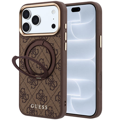 Custodia MagSafe per Apple iPhone 18 Pro / 17 Pro, Guess, Ring Stand 360 4G Classic Logo, Marrone