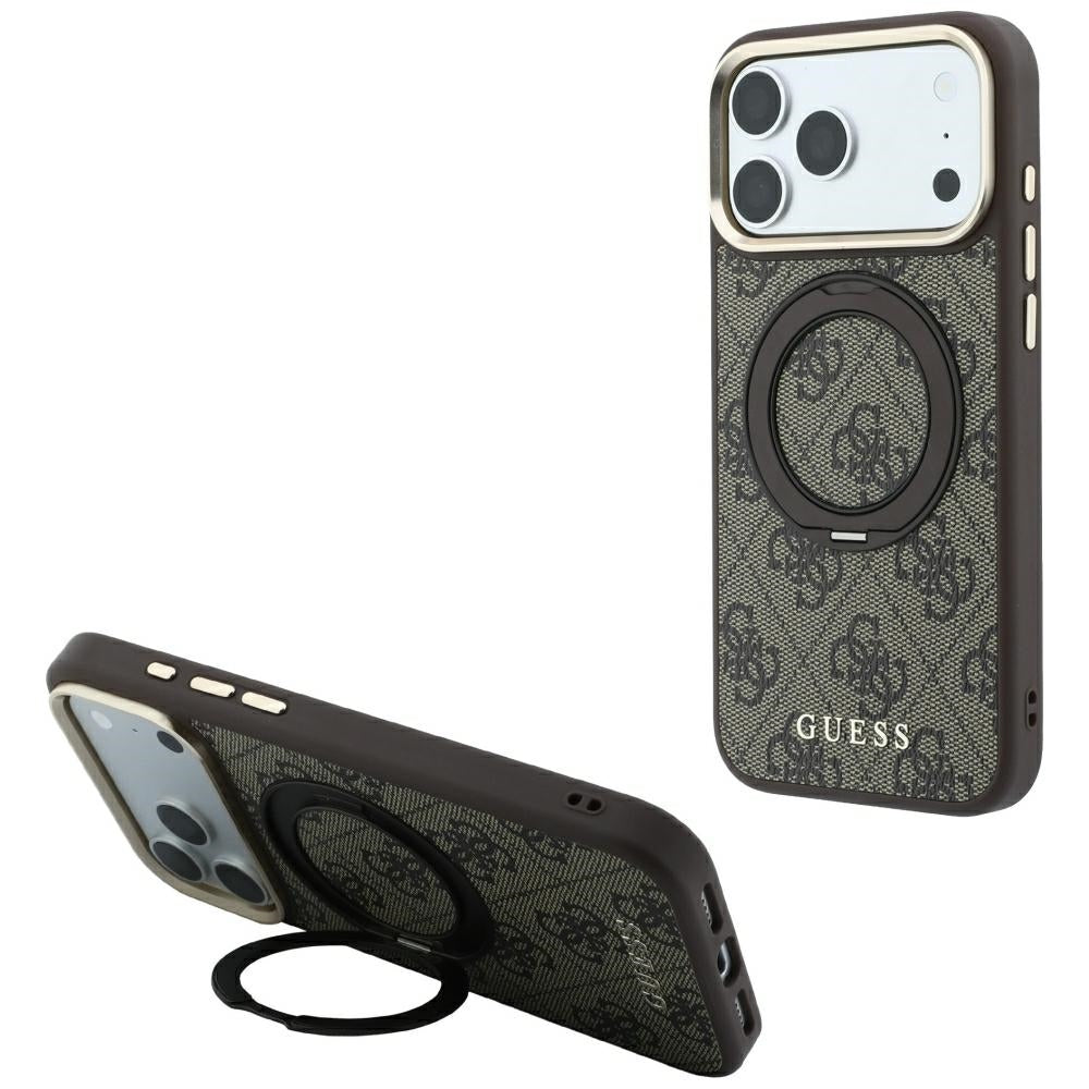 Custodia MagSafe per Apple iPhone 18 Pro / 17 Pro, Guess, Ring Stand 360 4G Classic Logo, Marrone