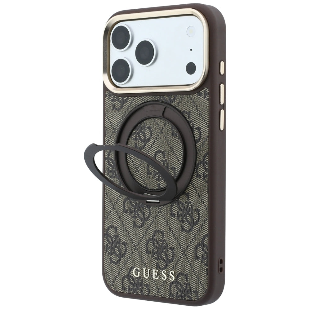 Custodia MagSafe per Apple iPhone 18 Pro / 17 Pro, Guess, Ring Stand 360 4G Classic Logo, Marrone