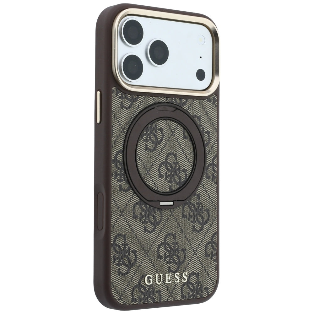 Custodia MagSafe per Apple iPhone 18 Pro / 17 Pro, Guess, Ring Stand 360 4G Classic Logo, Marrone