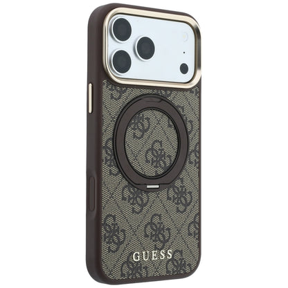 Custodia MagSafe per Apple iPhone 18 Pro / 17 Pro, Guess, Ring Stand 360 4G Classic Logo, Marrone