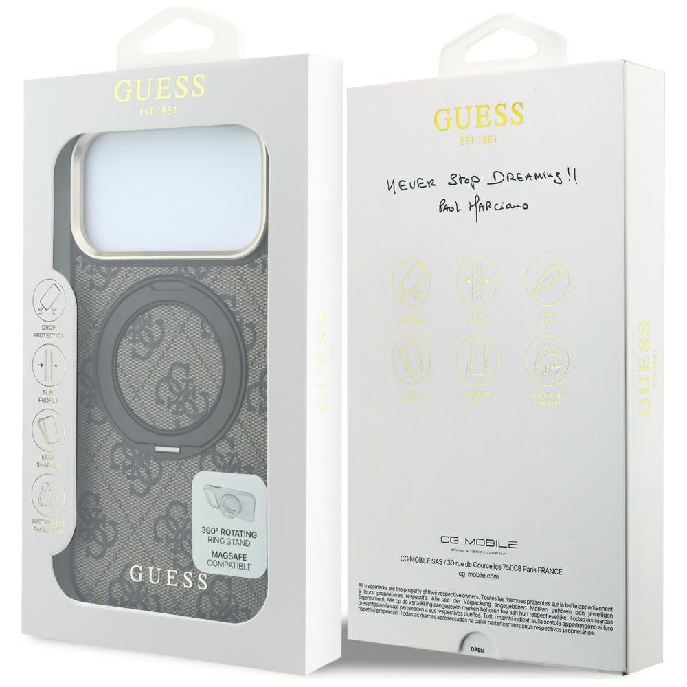 Custodia MagSafe per Apple iPhone 18 Pro / 17 Pro, Guess, Ring Stand 360 4G Classic Logo, Marrone
